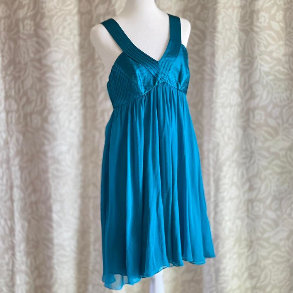 Vtg Y2K‎ Donna Morgan Teal Blue 100% Silk Cocktail Party Dress Empire Waist Sz 8